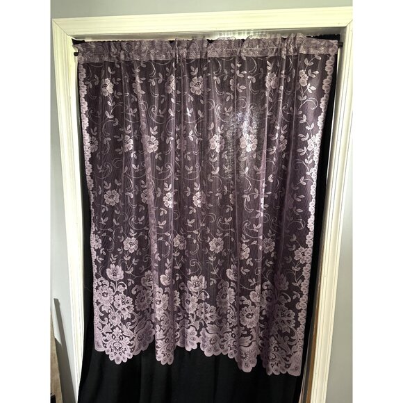 Dark Purple Floral Lace Curtain Panel Set 56"W X 53"L - Picture 1 of 8